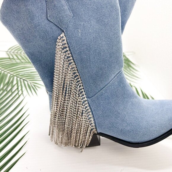 Azalea Wang Blue Denim Rhinestone Fringed Wide Calf Ankle Boots Size 7 Cowboy - Picture 5 of 13